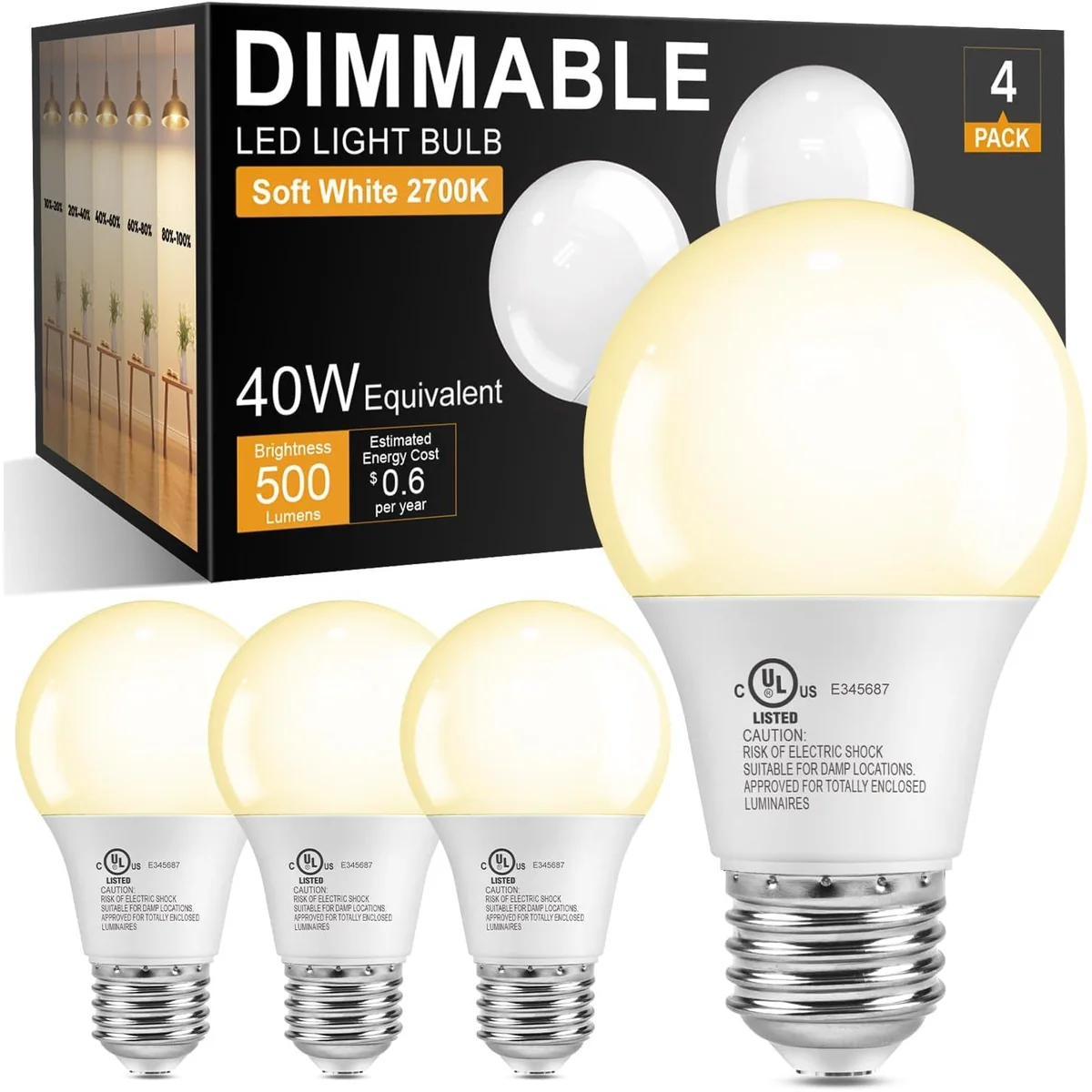 TJOY A19 Dimmable LED Light Bulb, 40W Equivalent, Soft white 2700K
