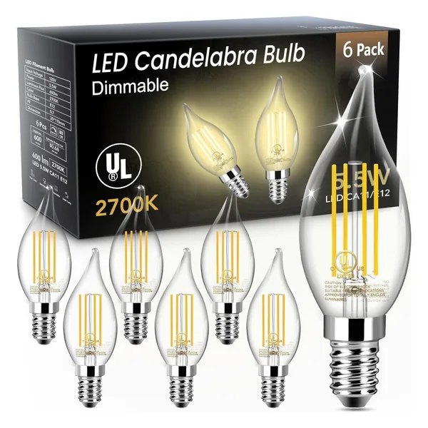 TJOY CA11 Flame-Tip Candelabra LED Bulb, 600 Lumens