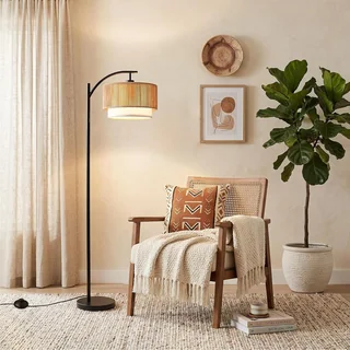 Floor Lamp with Rattan & Fabric Shades, thumbnail 2