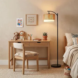 Floor Lamp with Rattan & Fabric Shades, thumbnail 3