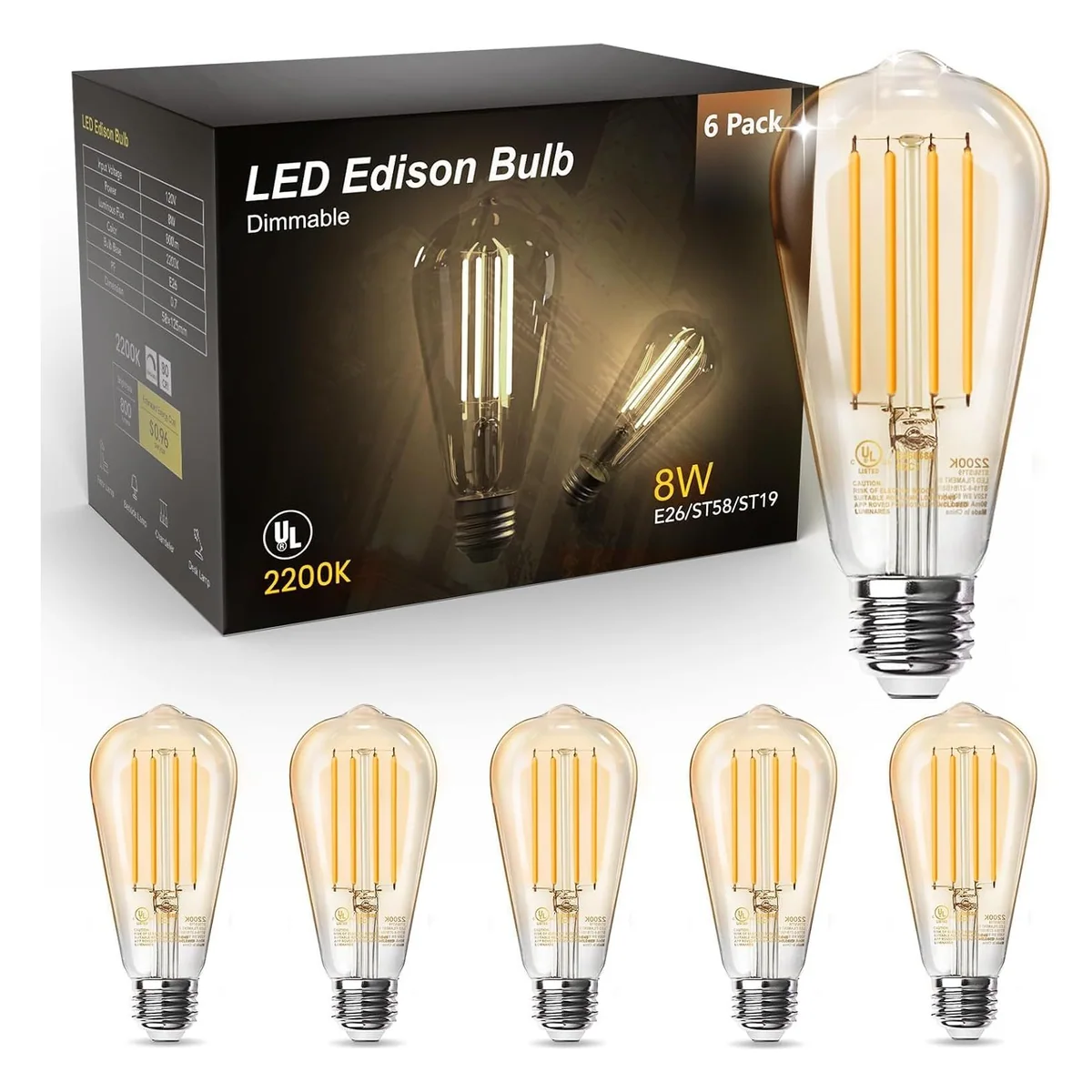 TJOY ST58 Edison Filament LED Bulb, 60W Equivalent, Amber 2200K