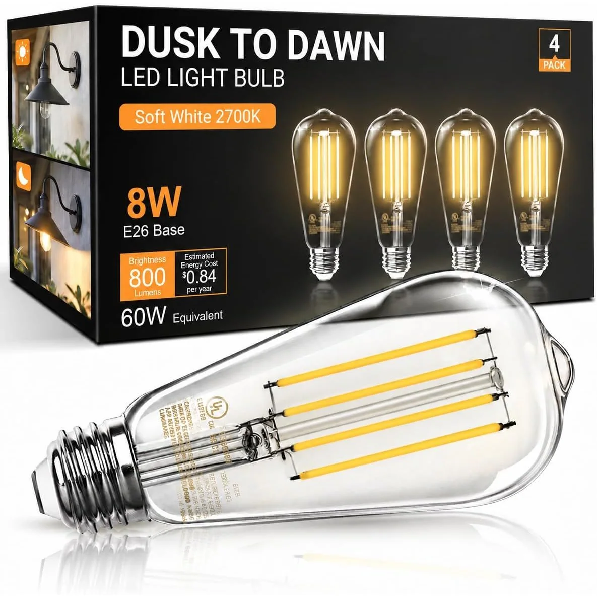 TJOY Dusk-to-Dawn ST58 Edison LED Bulb, Soft white 2700K